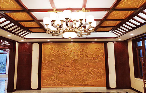 务川中式别墅客厅中式木作横梁吊顶装饰展示